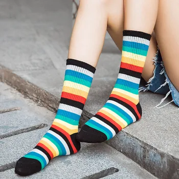 

SAGACE Socks Women Multicolor Stripe Print Socks Girls Mid Tube Socks Cotton Retro Style Rainbow Sock Cotton Casual Ladies Socks
