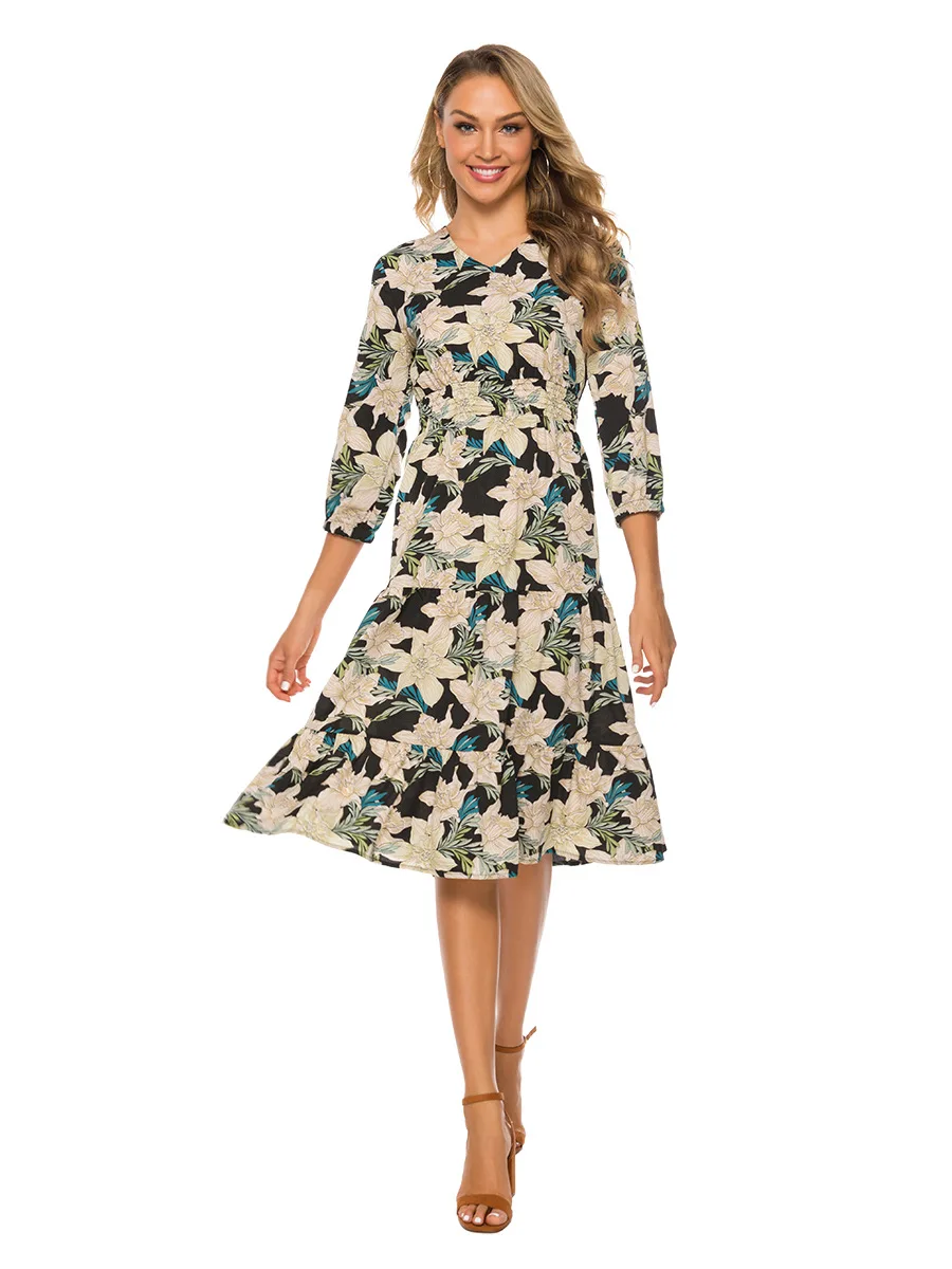 Dress 1 Bikitique с завышенной талией и цветочным принтом Фонари 3/4, длина рукава, обхват талии, на шнуровке, для отдыха и вечеринок платье Для женщин в богемном стиле с оборкой и v-образным вырезом, сексуальное пляжное платье - Цвет: Dress 1
