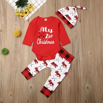 

My 1st Christmas Clothes Newborn Baby Boy Girl Clothes Romper Deer Plaid Pants Outfit Autumn Clothes Set 0-18 months 2pcs