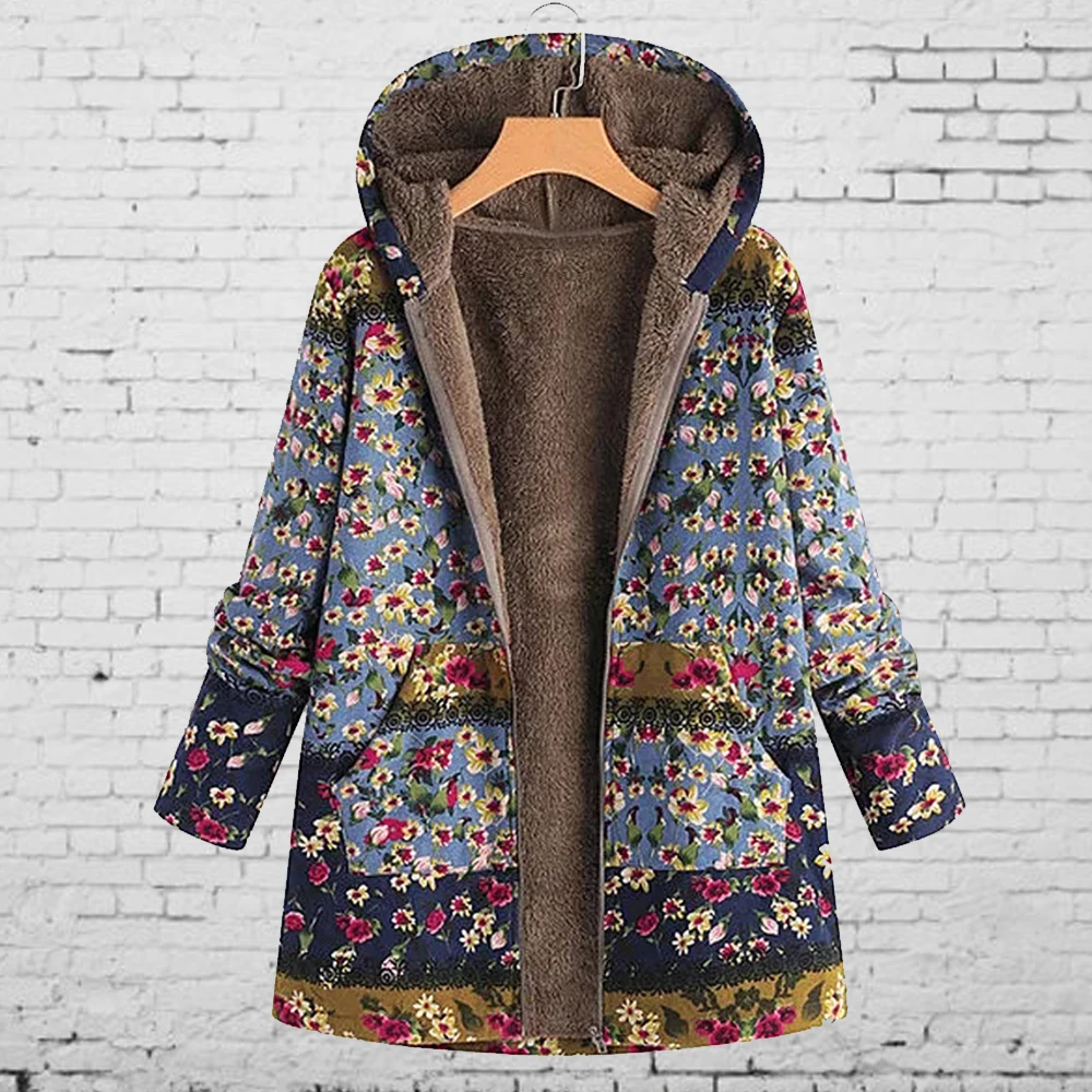 Пальто Женское зимнее повседневное пальто с цветочным принтом, теплое флисовое пальто с капюшоном, Женское пальто большого размера с карманом, женская верхняя одежда, длинное пальто