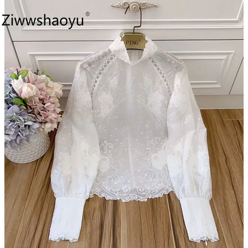

Ziwwshaoyu Designer High Quality Autumn Hemp White Hollow Out Flower Embroidery Lantern Sleeve Blouse Shirt Tops Women's