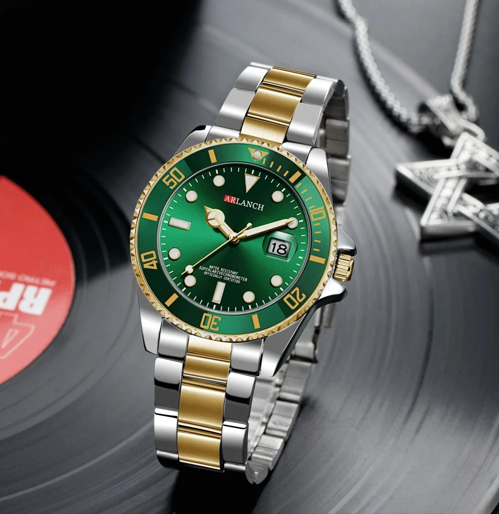 Новые модные мужские s часы золотые Стальные кварцевые наручные часы для мужчин зеленые мужские спортивные часы мужские ARLANCH Relogio Masculino