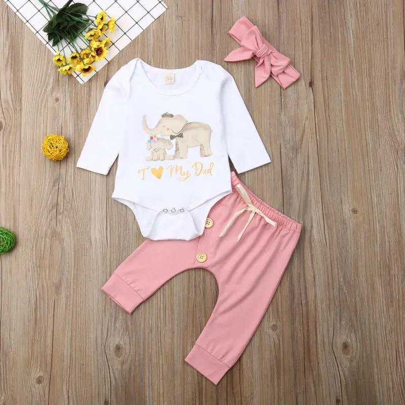 Emmababy Одежда для новорожденных девочек Боди со слоном с длинными рукавами+ леггинсы с бантом на пуговицах, осенне-зимняя одежда