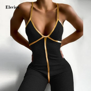 

Sexy Off Shoulder Slim Knit Jumpsuit Overalls Elegant Rib Straps Rompers Playsuit Women Backless V-Neck Skinny Bodysuit Bodycon
