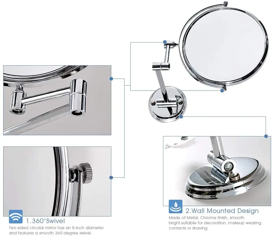 8 Inch 360 Degree Swivel 3x 5x 10x Magnifying Makeup Mirrors Wall Mount Two Sided Bathroom Magnification Vanity Mirror Flexible