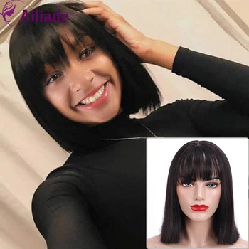 

AILIADE High Quality Short Straight Bobo Synthetic Hair Wig Natural Black For Women Heat Resistant Fiber Daily False Hair