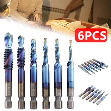 6 pçs M3-M10 titânio hss combinação broca bit hss hex haste titanium chapeado hss rosca métrica torneira broca bits ferramentas manuais
