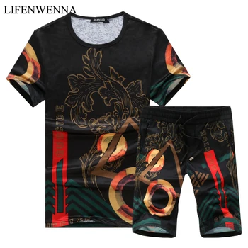 

2019 New Fashion Summer Short Sets Men Novel Design Irregular Printing Suits For Men Suit Casual Hawaii Sets T Shirt + Pants 5XL