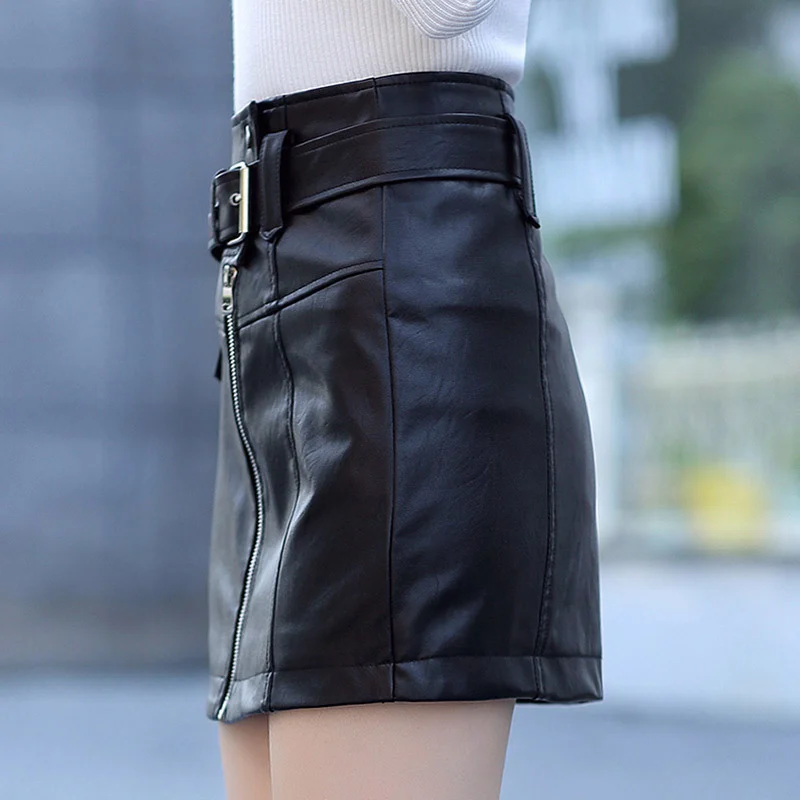 Юбка трапециевидной формы из искусственной кожи размера плюс 3XL, Женская мини-юбка с высокой талией и ремнем на молнии, черные Модные осенние женские юбки