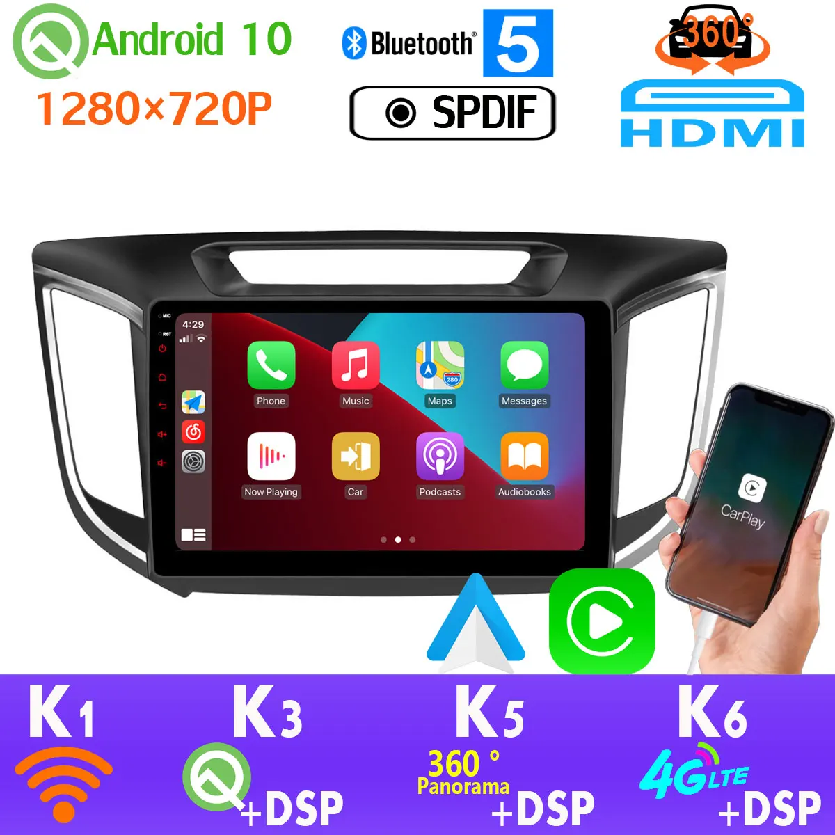 Автомобильный мультимедийный плеер PX6 4 Гб + 64 ГБ Android 10 1280*720P для Hyundai Creta IX25