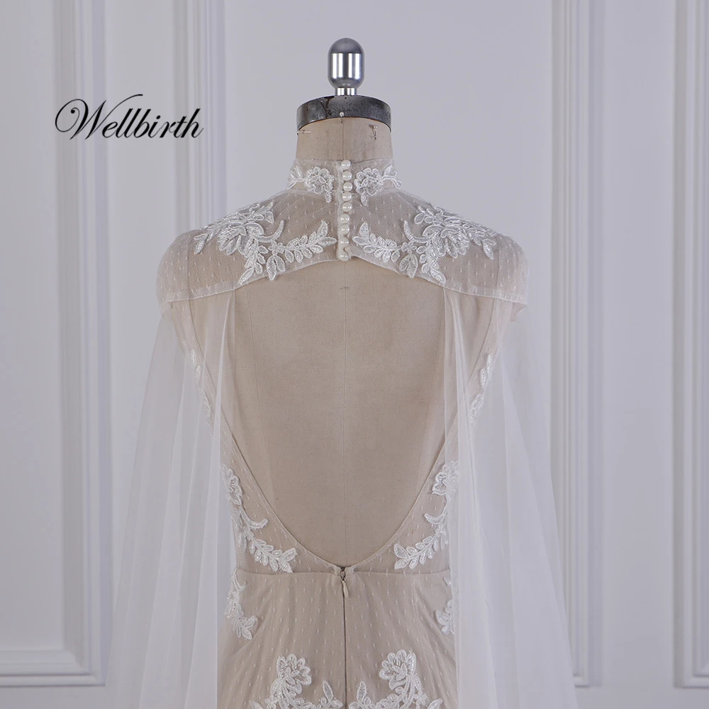 Реальное изображение Wellbirth Vestido de novia Тюлевое кружевное ТРАПЕЦИЕВИДНОЕ свадебное платье с коротким рукавом и v-образным вырезом Свадебное платье CL002