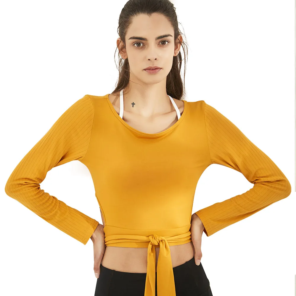 

Yoga Shirts Crop Top For Fitness Women Sport T-Shirt Polyester Cozy Round Neck Bandage Gym Femme Long Sleeve Sports Top Female