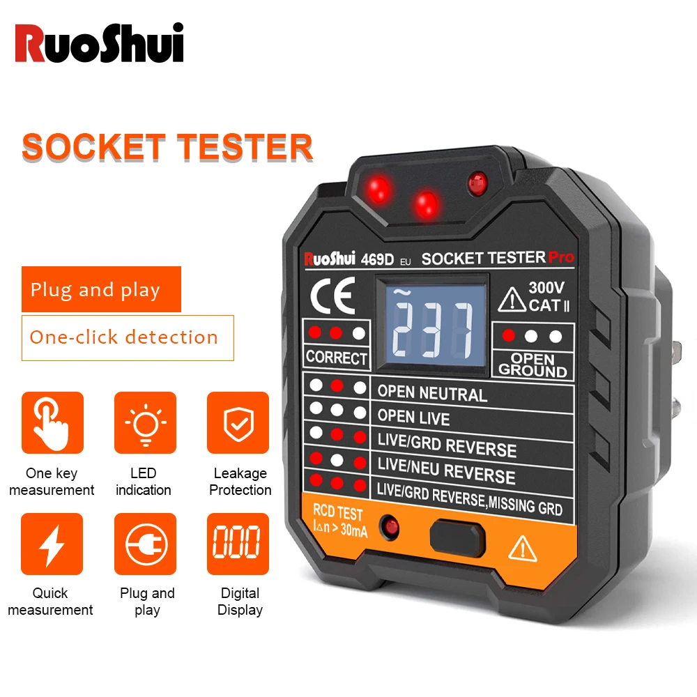 Digital Socket Tester - Voltage Detector For US/EU Outlets With Polarity & Phase Check