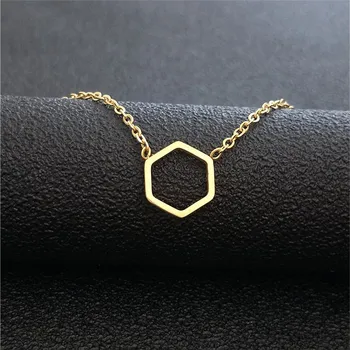 

Bulk 10pcs Minimalist Hollow Hexago Pendant Necklace Stainless Steel Eometric Choker Long Chain Necklace For Women Gold Collares