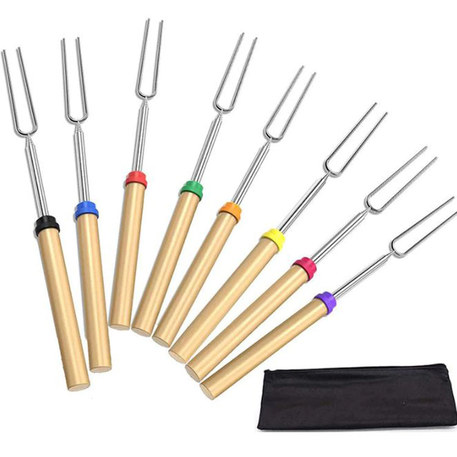 8PCS Stainless Steel BBQ Skewers Telescoping Roasting Stick Wooden Handle Fork 