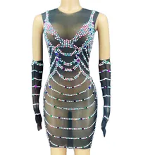 

Shining Embellished Beaded Dresses Above Knee Women Black Gauze Perspective Tight Stretch Dresses Nightclub Costume Stage Wear
