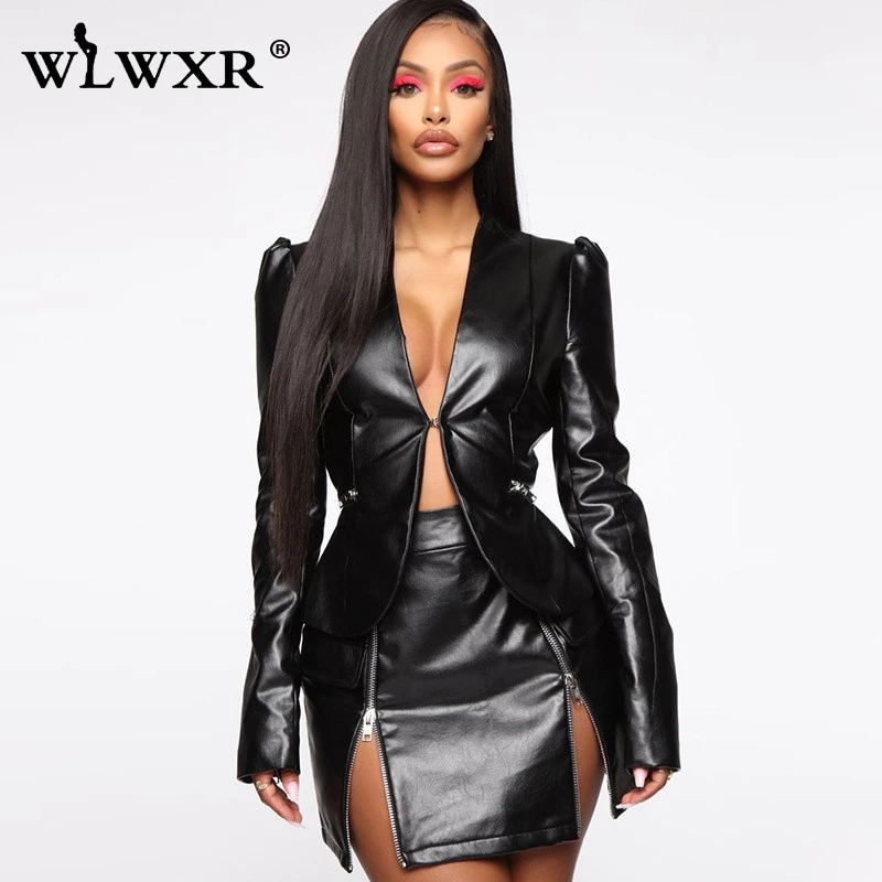 

WLWXR Faux Pu Leather Two Piece Set Women Suit Sexy Club Outfits Zipper Blazer and Skirt Set White Black Ladies Matching Sets