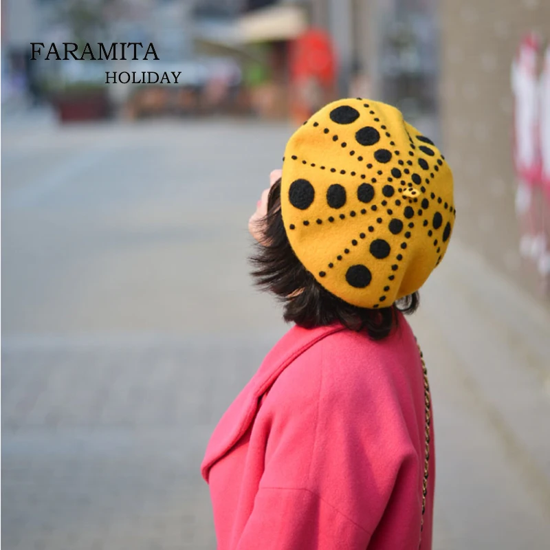 Праздничный берет Faramita Yayoi Kusama с желтой тыквой для девушек винтажный из шерсти и