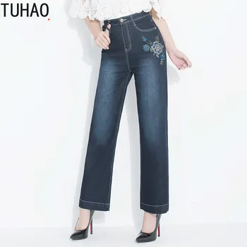

TUHAO 2020 Spring summer embroidered flower high waist wide-leg jeans stretch wide-leg pants vintage female pants plus size WM13