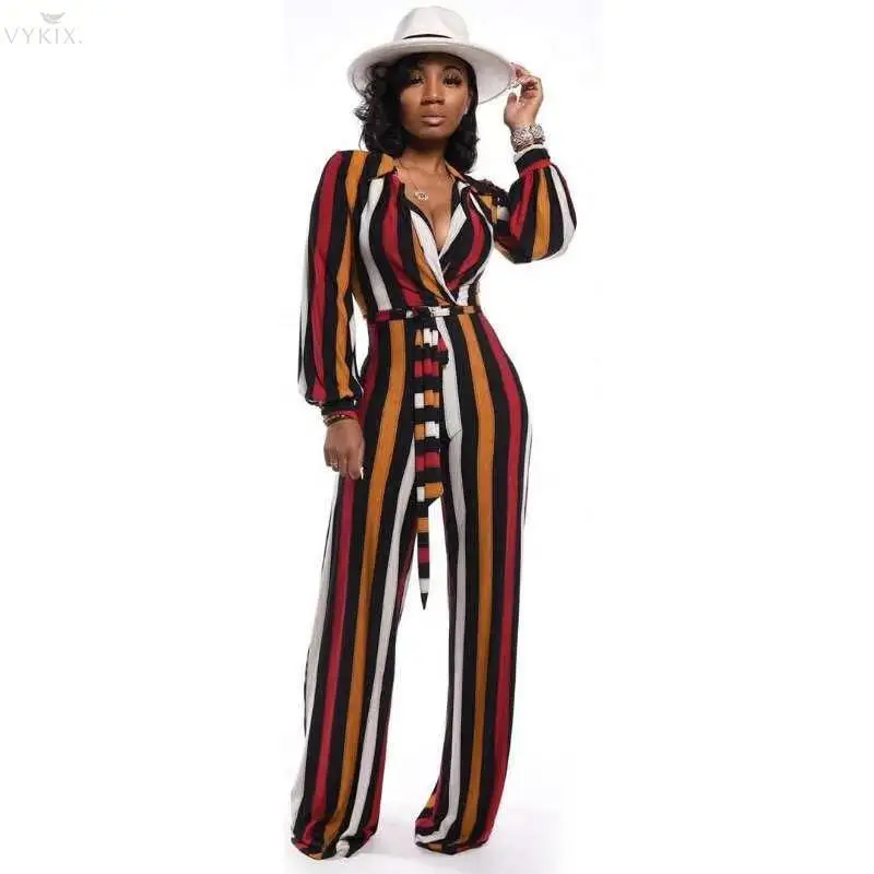 

Sexy Jumpsuit Women Striped Print V-neck Long Sleeve Sashes Night Party Jumpsuit Club Outfits One Piece Jumpsuit Women Romper