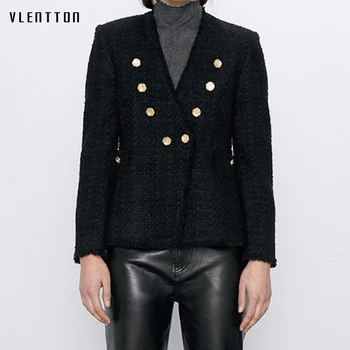 

Autumn Sexy V-Neck Wool Tweed Blazer Jacket Women Gold Button Tassel Black Suit Coat Female Outwear Office Lady Blazers Feminino