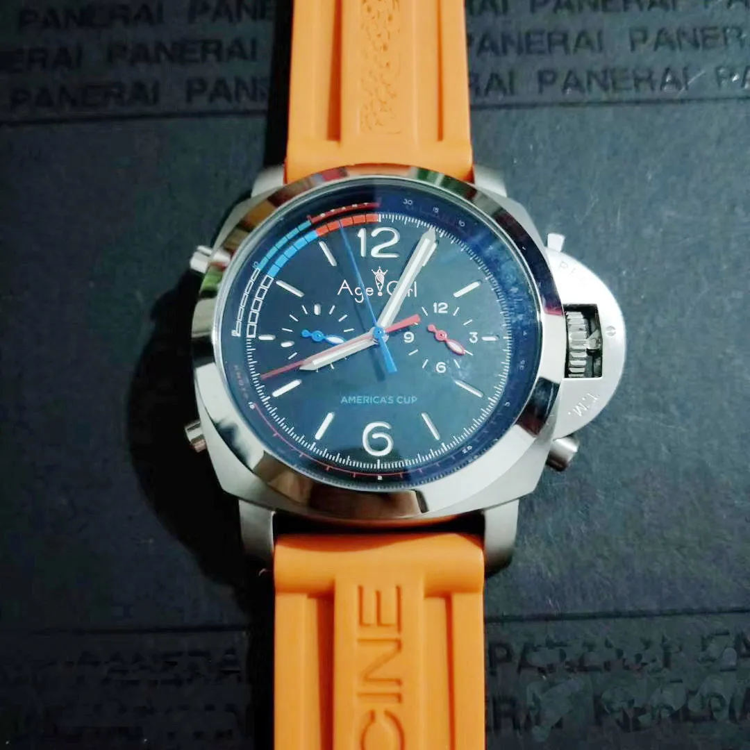 

Luxury Brand Men Automatic Mechanical Sapphire Stainless Steel 1950 America Cup Watch Luminous Orange Rubber Black Leather 44MM
