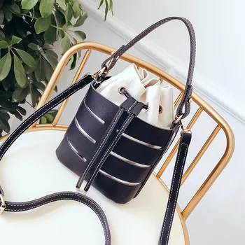 

PU Leather Handbag For Women Fashion Hollow Shoulder Bag Female Bucket Crossbody Bags Multi-Layer Handbag Messenger Purse