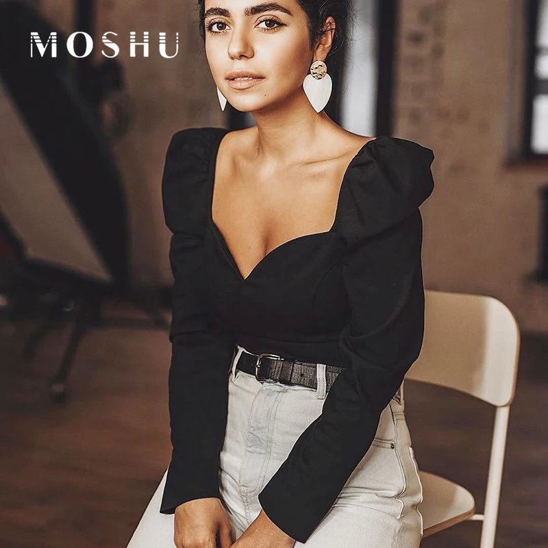 Women Blouses Vintage Puff Sleeve Shirts Ladies Retro Square Collar Blouses Spring Casual Sexy Solid Tops Blusas Mujer 2020