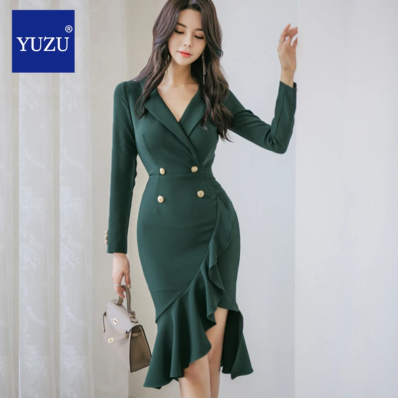 

Green Blazer Dress Women Mermaid Ruffle Long Sleeve Double Breasted Suit Collar 2020 Spring Office Bodycon Fashion Dresses