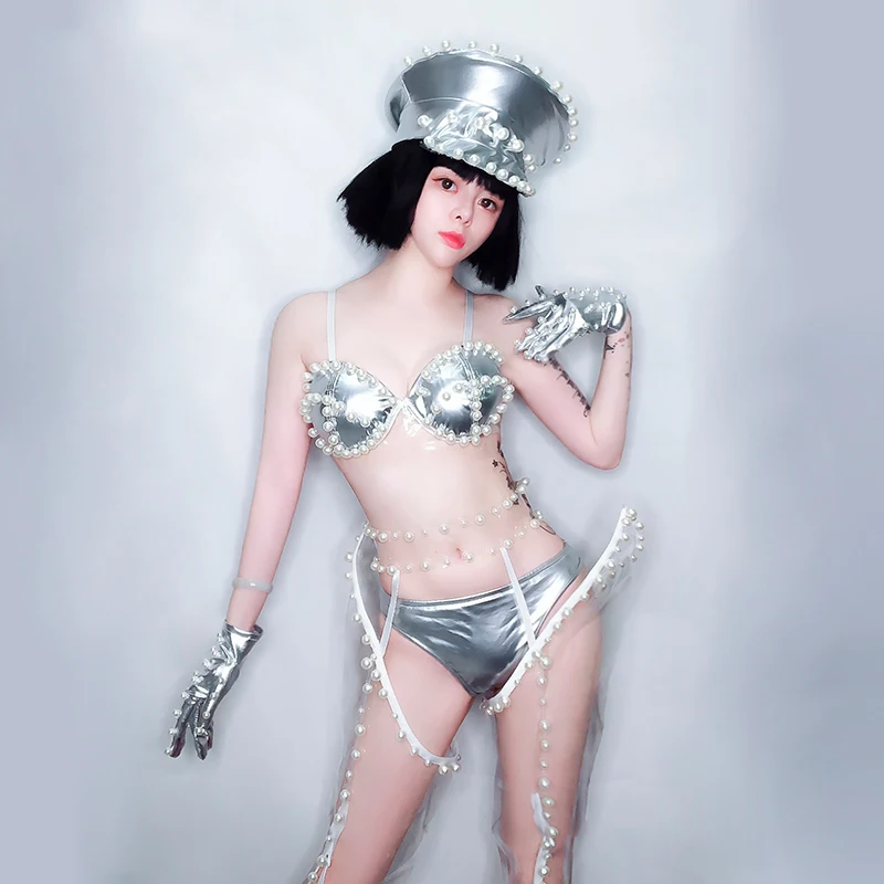 Эластичная лакированная кожа Ds Костюм Sexy Dj Ночной клуб Воротник Танцевальное платье Жемчужное бикини Сценическая одежда Джаз Танцевальные костюмы Сексуальный костюм