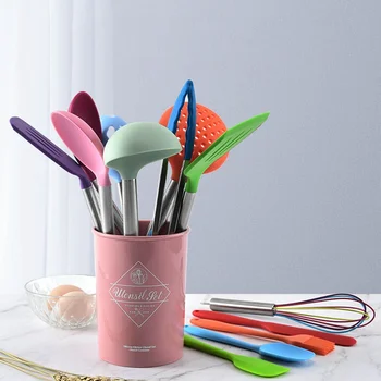 

14-Piece Colorful Silicone Kitchenware Set Non-Stick Pan Cooking Spatula Spoon Wooden Handle Box High Temperature Resistance