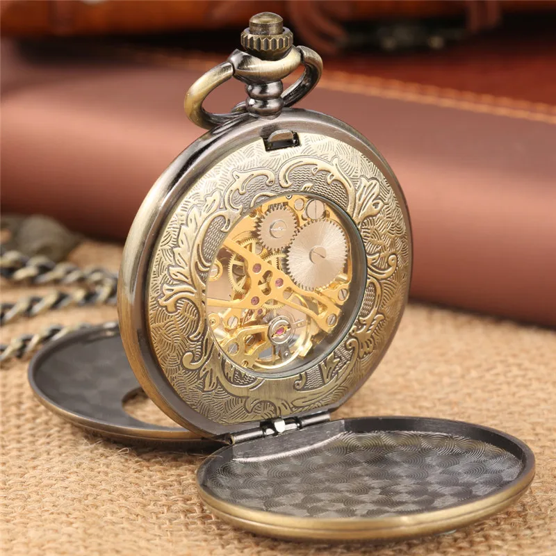 Bronze Skeleton Pocket WatchDouble Open Hunter Roman Numbers Men Women Hand Winding Mechanical Clock FOB Pendant Chain Gift