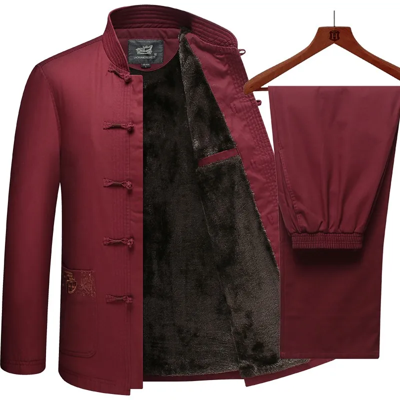 

Novelty Autumn Winter Chinese Traditional Embroidery Clothes Cotton Thick Warm Men's Tang Suit Leisure Windbreaker Kung Fu Set