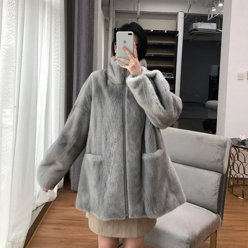 Copenhagen Mink Whole Fur Women Long Coat with Zipper Winter Thick Warm Female Jacket | Женская одежда