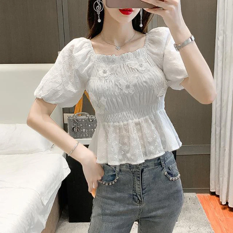 

Summer Korean Style Chic Female White Sweet Square Collar Ruffles Puff Sleeve Retro Elastic Pleated Slim Shirt Women Crop Tops