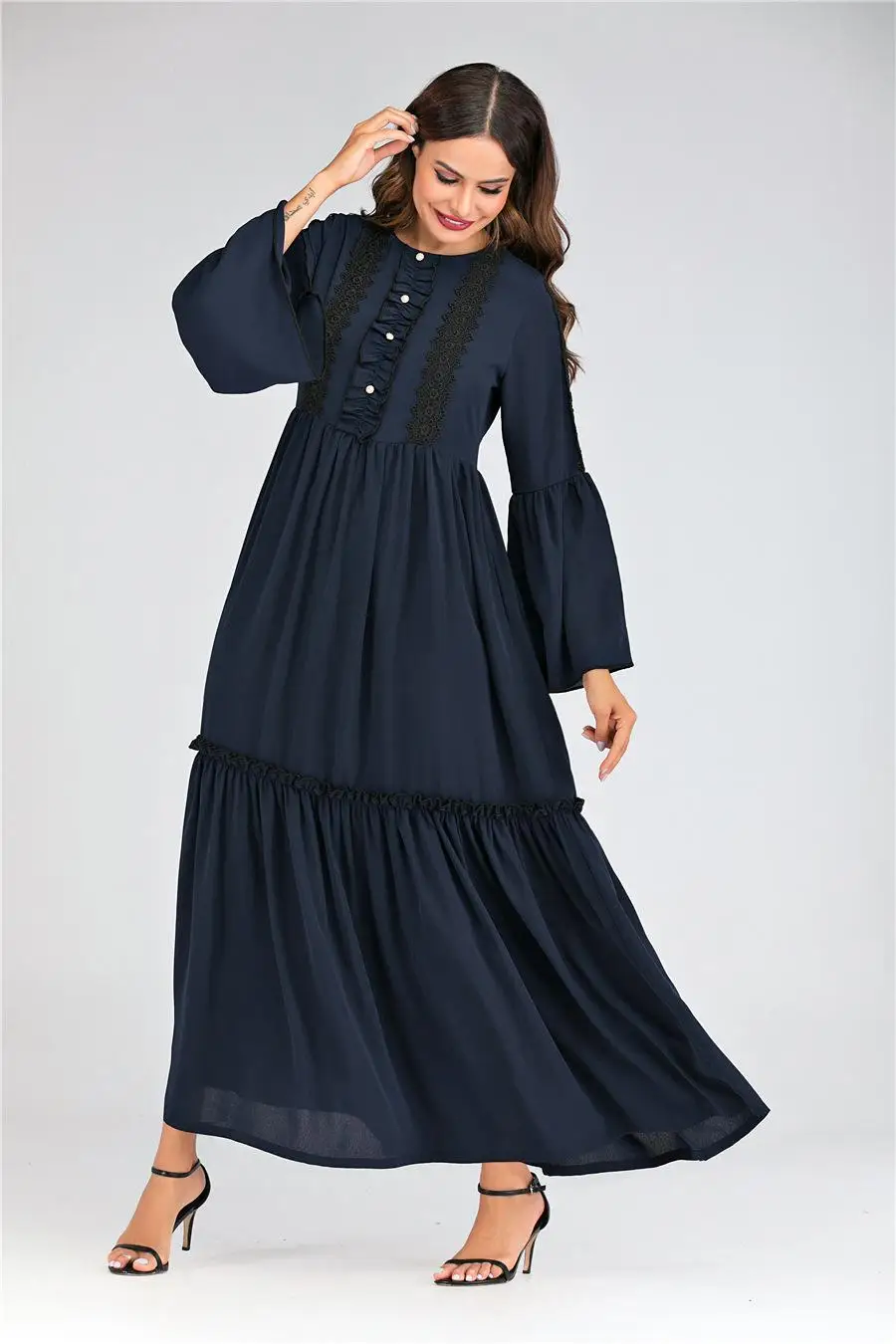 Женское плиссированное платье с длинным рукавом abaya Ruffle мусульманское платье вечернее исламский джильбаб драпированные дизайнерские платья арабский темно-синий халат Мода
