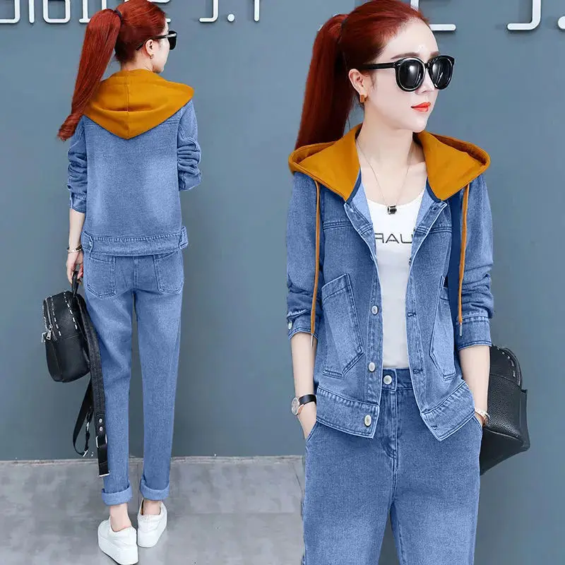 Fashion Hooded Denim 2 Piece Sets Women Outfit Spring Autumn Casual Long Sleeve Jean Jacket + Elastic Waist Jeans Fashion Suit