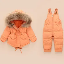 Conjuntos de ropa de invierno para niños, mono, chaquetas de nieve + pantalón de babero, conjunto de 2 uds. De abrigos de plumas de pato, traje de nieve de piel