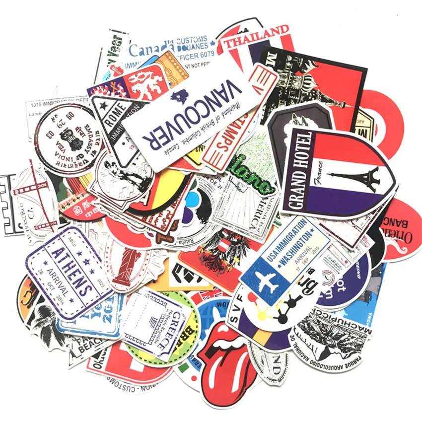 100 шт./лот почтовые марки тематическая страна с известным логотипом Buliding слова мультфильм Граффити наклейки для чемодана тележки случае
