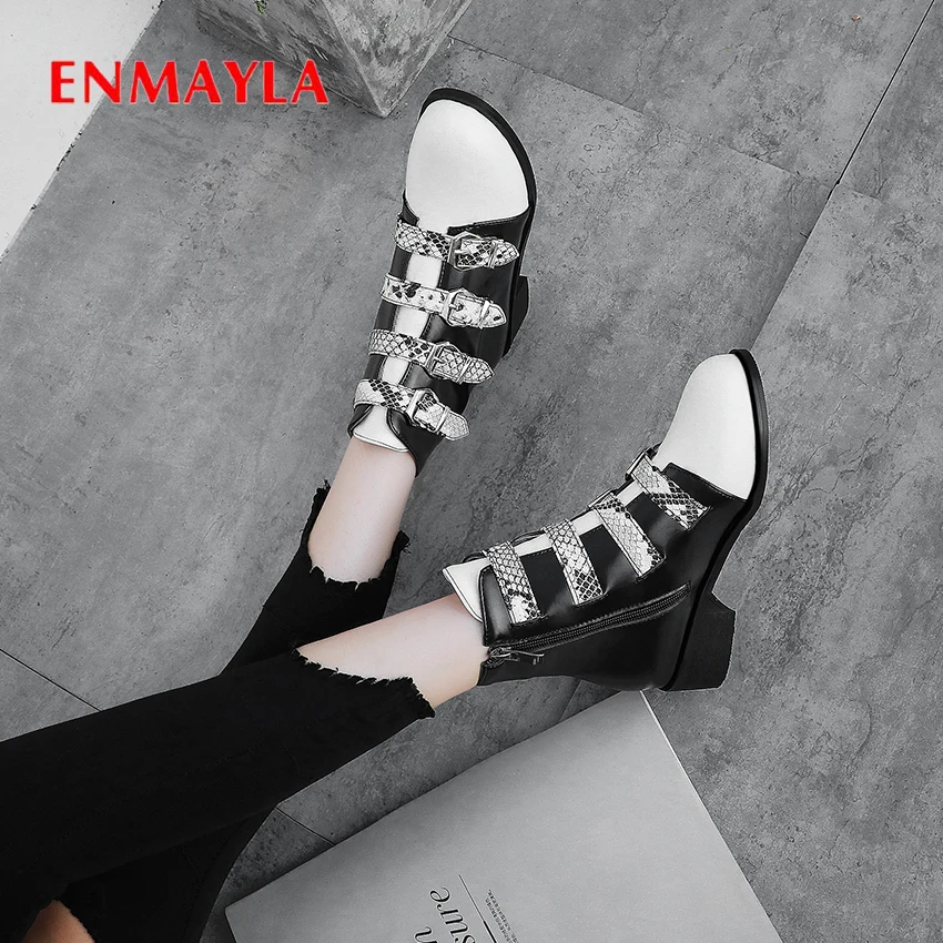 

ENMAYLA Winter PU Snake Stripe Women Shoes Zip Round Toe Hoof Heels Ankle Boots Mixed Colors Short Plush Buckle White Boots