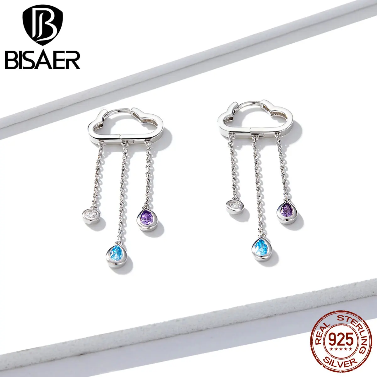 BISAER, серебряные серьги, 925 пробы, серебряные, в форме дождливых облаков, изысканные женские серьги, длинная цепочка, серьги, ювелирное изделие EFE220