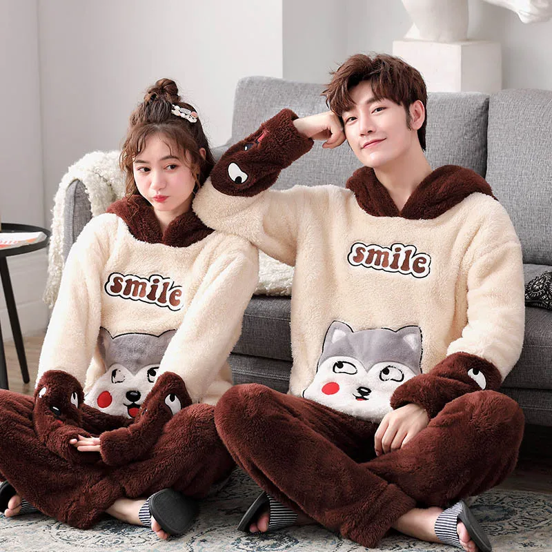 New Winter Couple Pajamas Warm Thickening Women Pajamas Set Hooded Home Wear Female Sleepwear Long Sleeve Pyjamas Suit