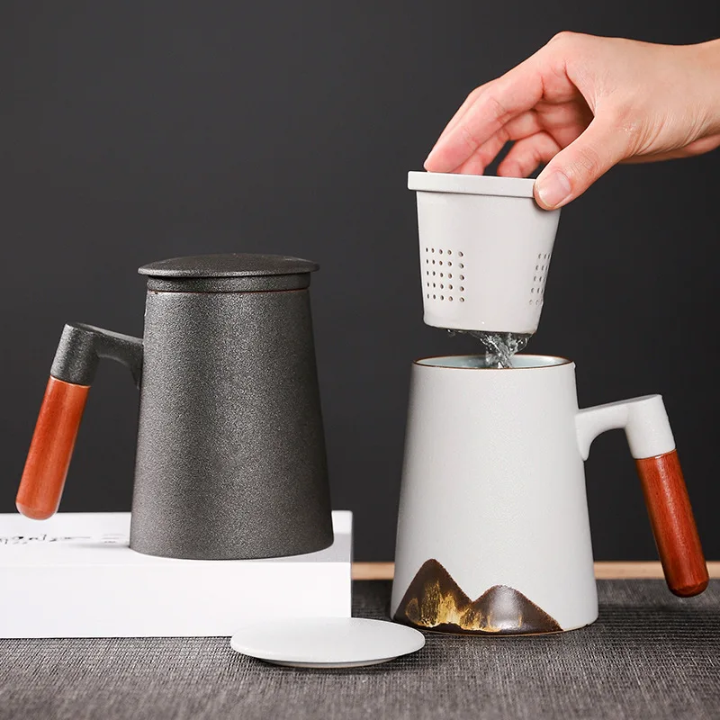 

Hand painted mug, wooden handle, ceramic teacup, filter with lid, coffee cup set tea set bone china tea set