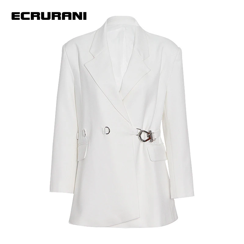 ECRURANI White Elegant Jackets For Women Lapel Long Sleeve Lace Up Loose Solid Vintage Coats Female Fashion Clothing 2022 Style