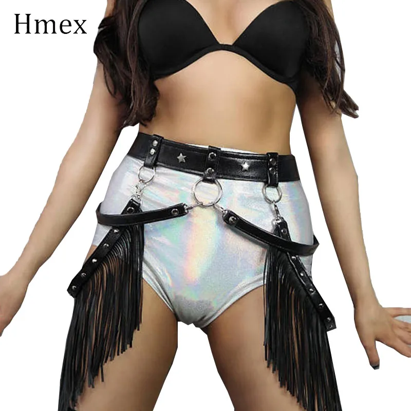 Sexy PU Leather Harness Tassel Skirt Waist Women Punk Gothic Body Bondage Fringe Belt Clubwear mymc women leather skirt belts ladies suspenders punk gothic rock harness waist metal chain body bondage hollow belt