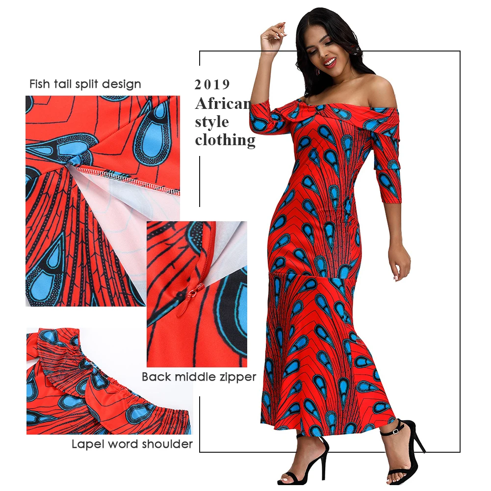 Fadzeco новое платье в африканском стиле для женщин, осенняя мода, платье с этническим принтом и одним словом, узкое дизайнерское платье с разрезом в виде рыбьего хвоста