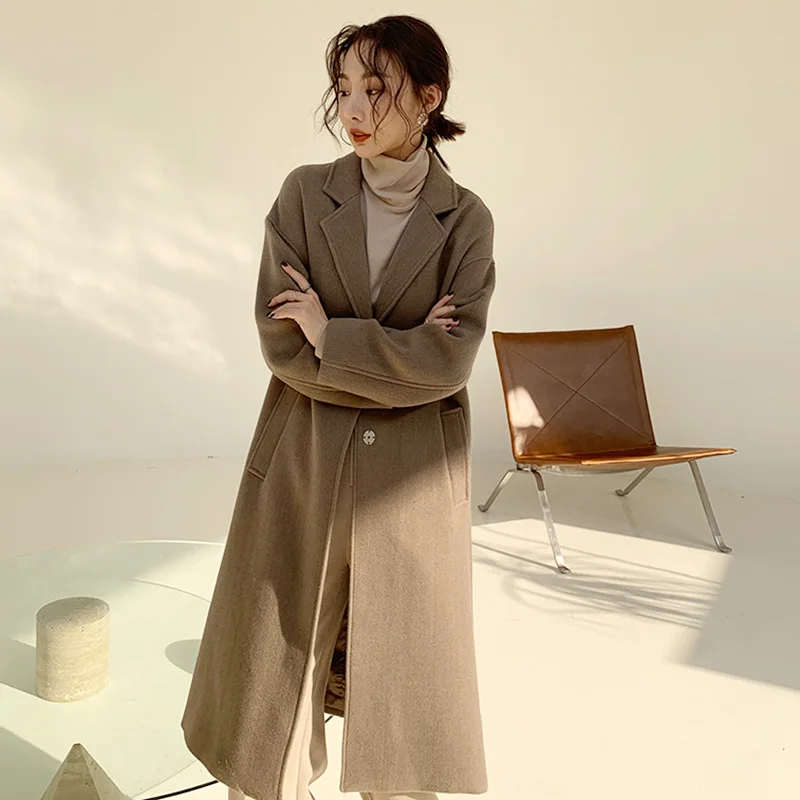 

Autumn 2019 Black Coat New Woolen Commuter Temperament Medium Length Woolen Coat Loose Knee Woolen Black Wool Coat