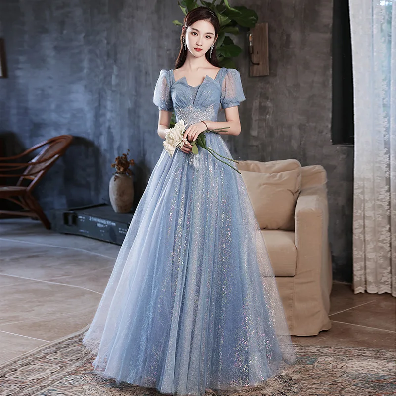 

Fantasy Starry Sky Women Puff Sleeve Prom Dress Exquisite Blue Evening Party Dress 2022 New Formal Party Gown Vestidos