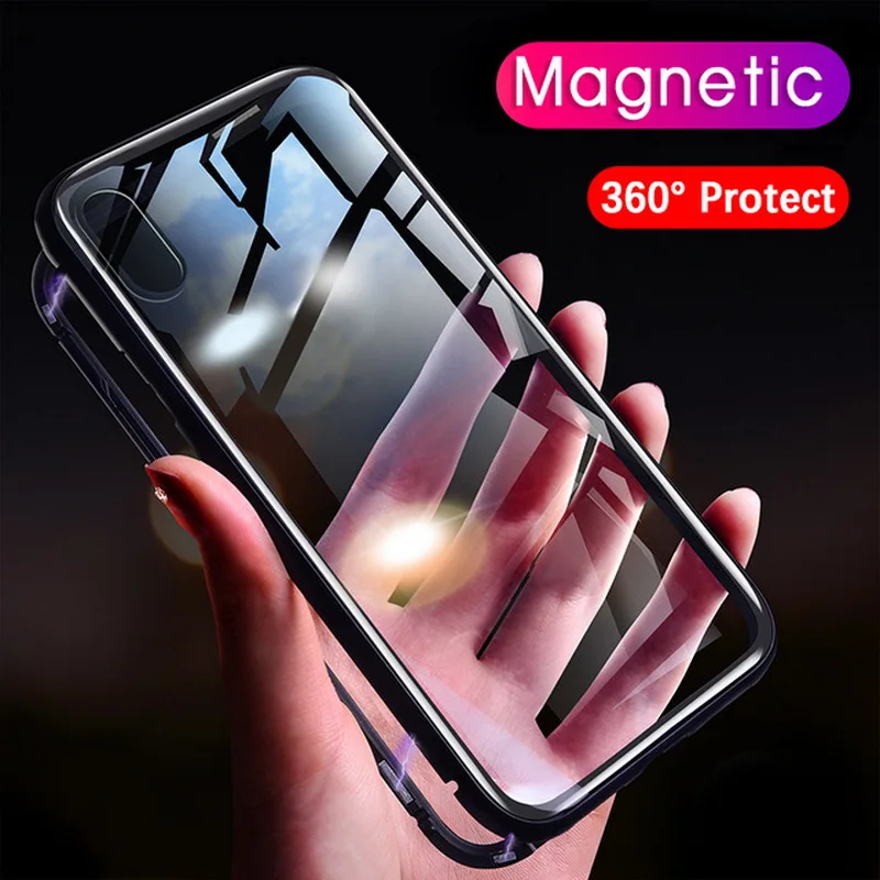 Металлический магнитный чехол для iPhone 11 Pro Max X XR XS MAX 8 7 6 6S Plus 360 из закаленного