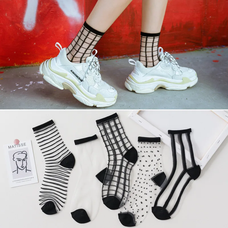

5 Pairs Women Socks Summer New Black White Socks Thin Transparent Socks Striped Plaid Cute Socks